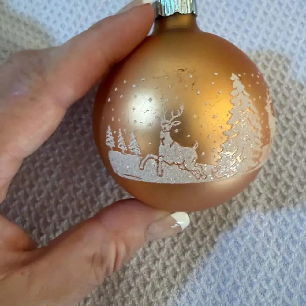Vtg Shiny Brite Gold Glass Ornament Stencile  Reindeer and Trees